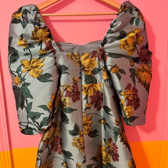 ASOS Salon Floral Jacquard Puff Sleeve Cut Out Dress - 8 - Picture 4 of 14